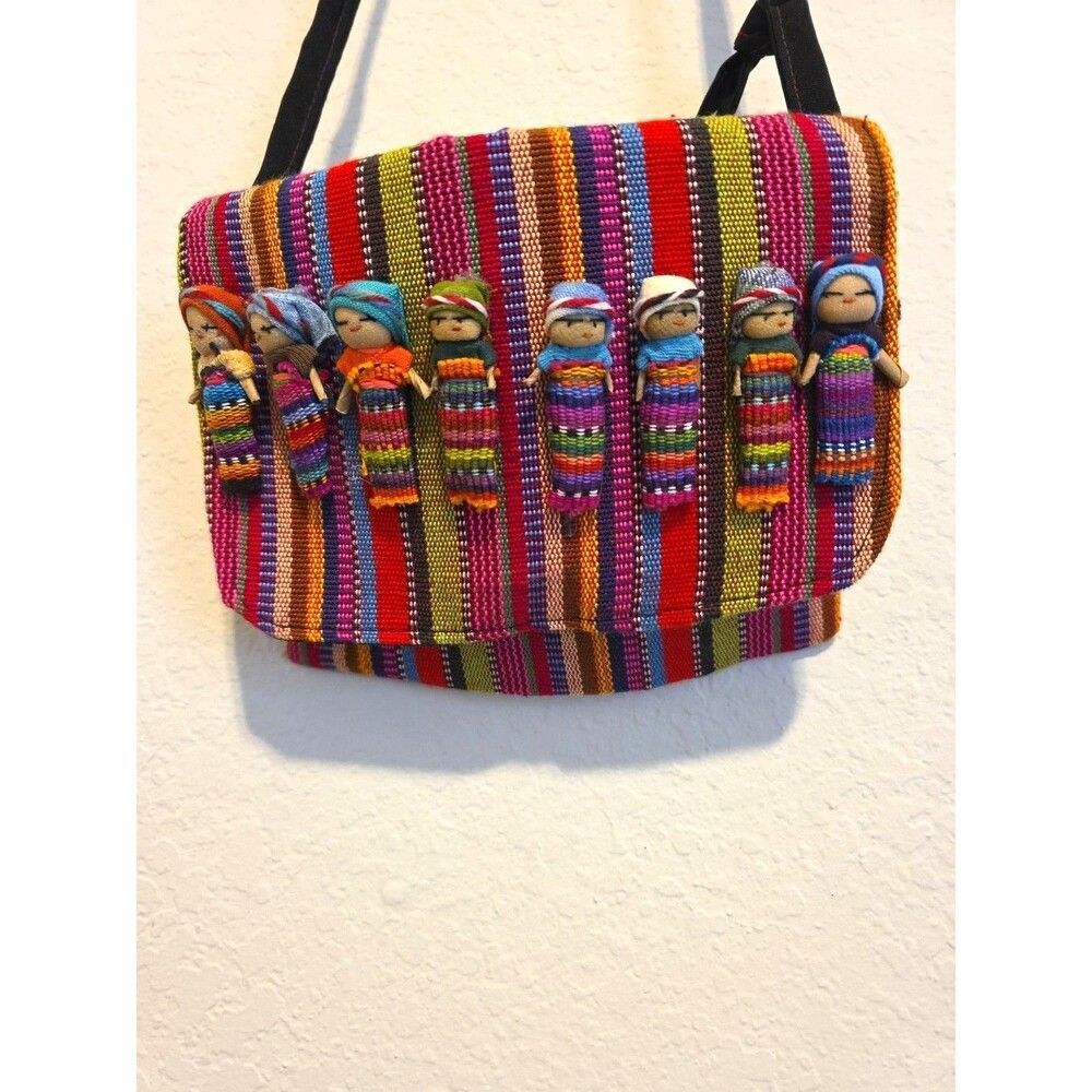 Guatemalan Worry Doll Purse Multicolor Cotton Handmade Boho Pouch Mayan Folk Art